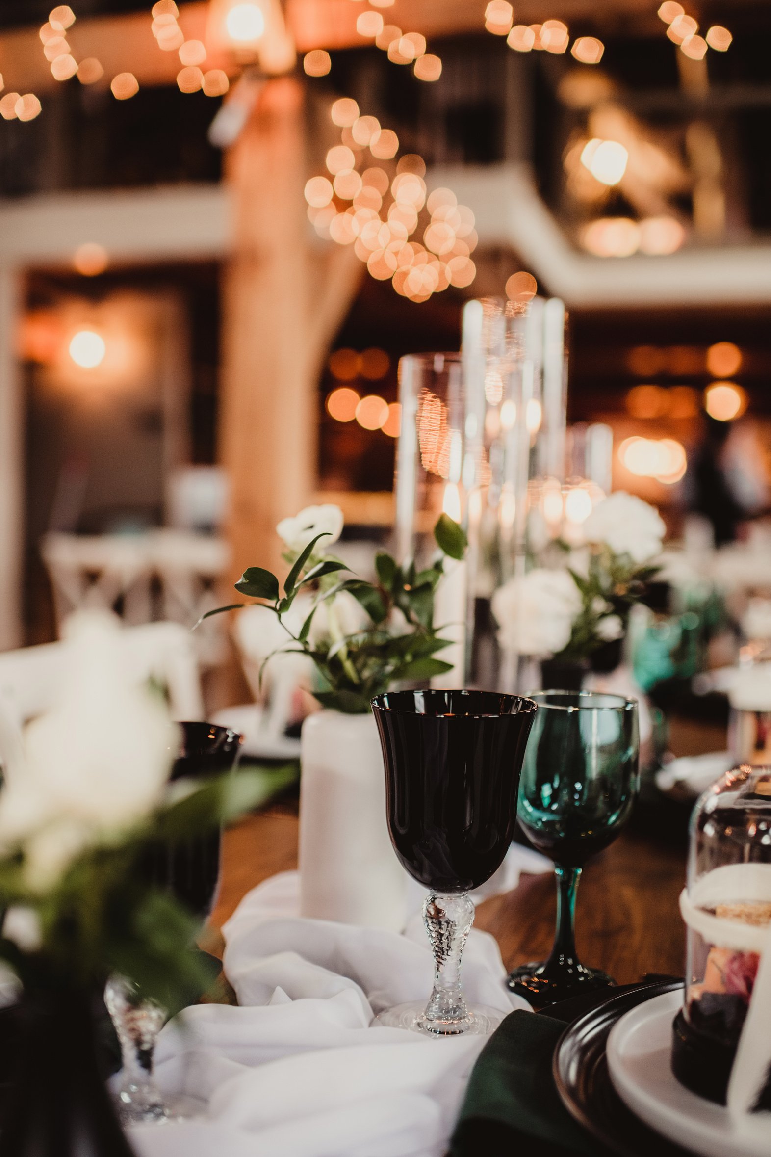 Wedding reception in a barn with elegant details